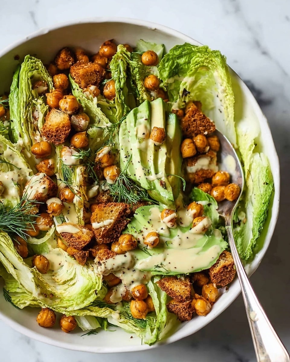 The image shows a close-up view of a salad on a white plate, placed on a white marbled surface. The salad has multiple layers: the bottom layer is made of fresh green lettuce leaves with a crisp texture, the middle layer consists of sliced avocado with smooth, vibrant green flesh arranged neatly, and the top layer is scattered with small, round, golden-brown crispy chickpeas. There are pieces of golden brown, crunchy tofu or plant-based protein spread across the salad. A light beige creamy dressing is drizzled unevenly over the top, giving it a slightly glossy look. Small green dill sprigs are sprinkled on top, adding a fresh touch. Photo taken with an iphone --ar 4:5 --v 7