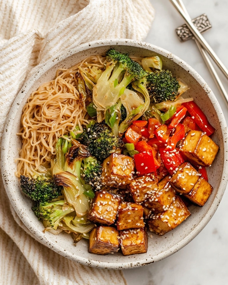 In a white speckled bowl on a white marbled surface sits a colorful noodle dish made of three main layers. The base layer is light brown soft noodles filling most of the bowl on one side. Scattered around and slightly on top of the noodles are bright green broccoli florets and chunks of light green bok choy with some dark grill marks. Sitting on top are golden-brown tofu cubes with a shiny glaze sprinkled generously with white sesame seeds, along with pieces of red bell pepper adding a pop of color. Next to the bowl are silver chopsticks resting on a cream and beige striped cloth. photo taken with an iphone --ar 4:5 --v 7