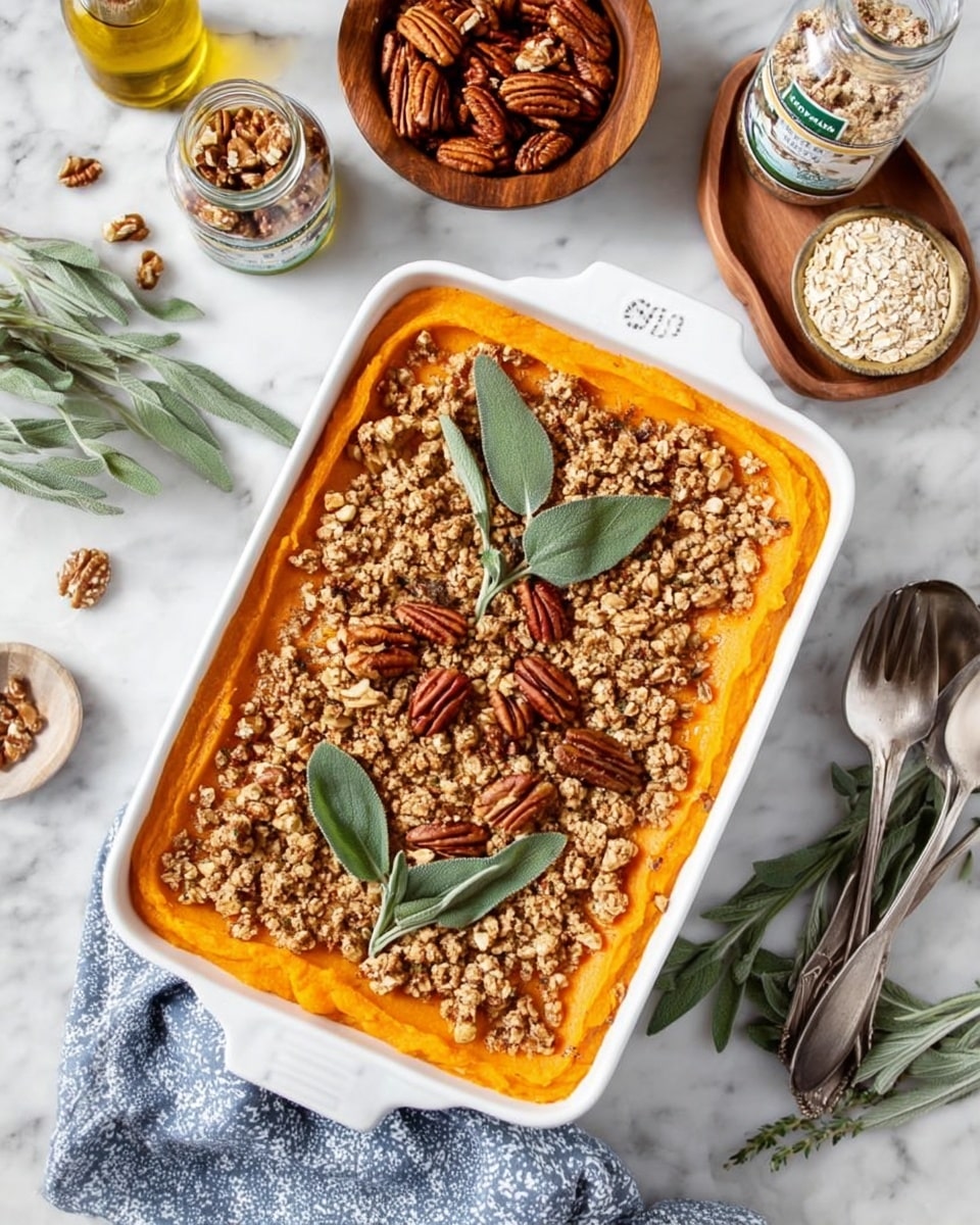 A white rectangular baking dish holds a layered sweet potato casserole with two main layers. The bottom layer is smooth, bright orange mashed sweet potatoes, spread evenly to cover the dish base. The top layer is a textured, golden-brown crumble made of chopped nuts and oats, scattered thickly over the sweet potatoes. Whole pecan halves and fresh green sage leaves are placed on top of the crumble for decoration. Around the dish, a wooden bowl filled with walnuts, a small wooden plate with pecans, a glass jar of oats, a small bottle of olive oil, and a glass spice jar labeled ground ginger sit on a white marbled surface. A blue and white cloth napkin is under the bottom left corner of the dish, and metal serving spoons and a fork rest to the right. Photo taken with an iphone --ar 4:5 --v 7