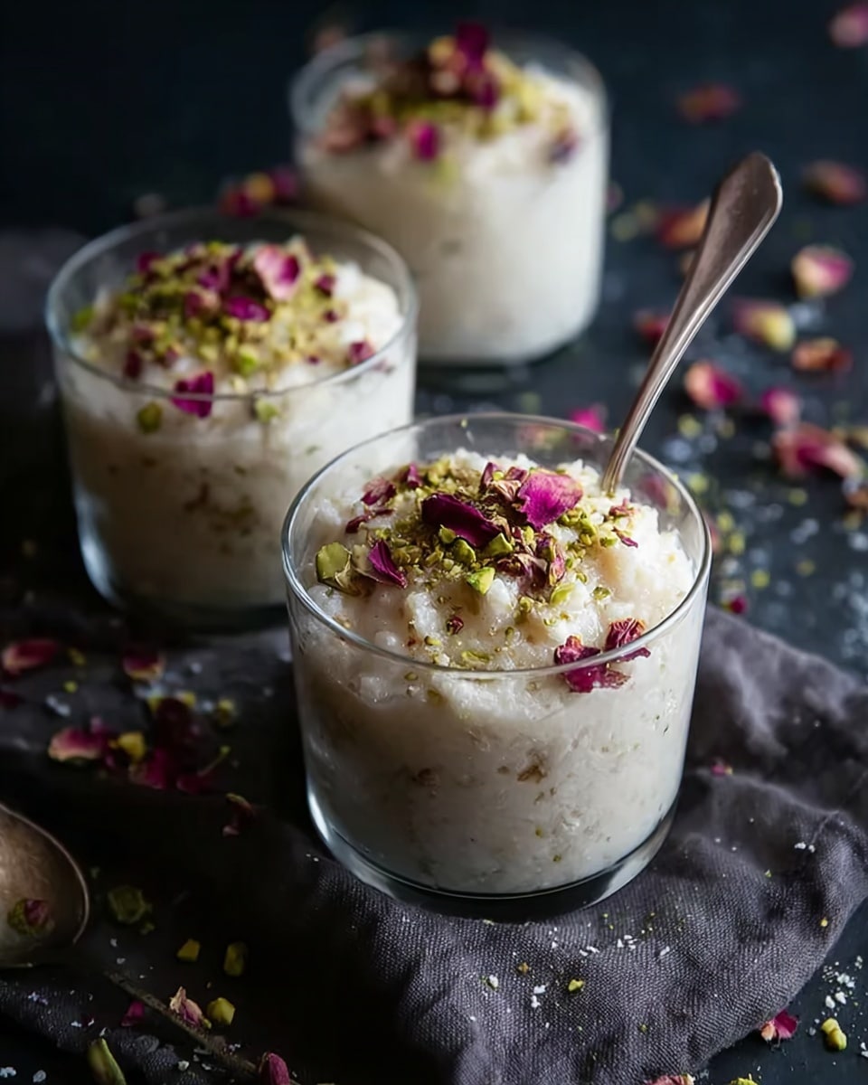 The image shows three clear glass cups filled with a white creamy dessert, topped with crushed green pistachios and small pink rose petals. The dessert inside looks smooth and moist with a slightly rough texture on the surface. One cup in the front has a silver spoon inserted on the right side. The cups rest on a dark cloth that contrasts with the white creamy dessert. Scattered around the cups are more pistachio crumbs and rose petals. The background is dark, making the colors of the dessert and toppings stand out clearly. Photo taken with an iphone --ar 4:5 --v 7