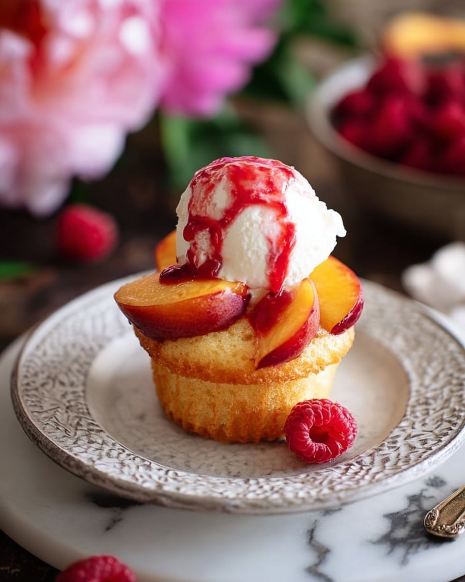 A single golden cupcake sits in the middle of a round white plate with an intricate edge, placed on a white marbled surface. The cupcake is topped with a layer of peach slices arranged around its top edge. Above the peaches, a scoop of white vanilla ice cream is placed, with a bright red raspberry sauce drizzled over the top, slightly dripping down the sides. A whole raspberry rests next to the cupcake on the plate. In the background, there are blurred pink flowers and a bowl with raspberries. Photo taken with an iphone --ar 4:5 --v 7