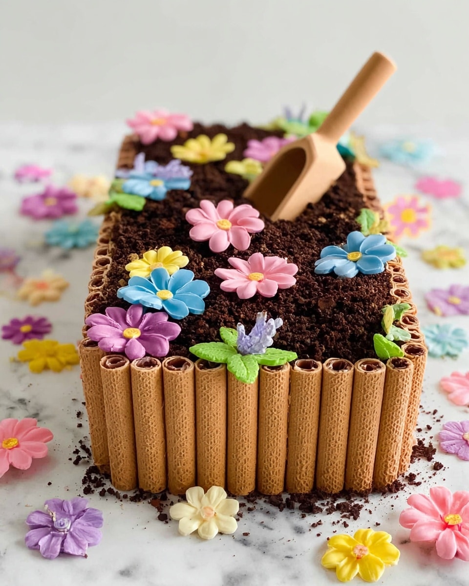 The dessert is rectangular and covered on the sides with upright rolled wafer sticks that are light brown and have a textured surface. The top layer is dark brown crumbled bits resembling soil, decorated with colorful paper-like flowers in pink, yellow, blue, green, and lavender scattered across. In the center top, a small wooden scoop is stuck into the crumbled layer. The dessert is placed on a white marbled surface with scattered colorful flower cutouts around it. photo taken with an iphone --ar 4:5 --v 7