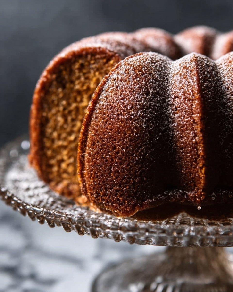 A close-up of a tall bundt cake with a rich brown color, showing a moist and slightly crumbly texture inside. The cake sits on a clear glass cake stand with a simple design. The background is softly blurred dark gray, and the surface beneath the stand is a white marbled texture. The cake has a light dusting of powdered sugar on top, highlighting the ridges and curves. Photo taken with an iphone --ar 4:5 --v 7