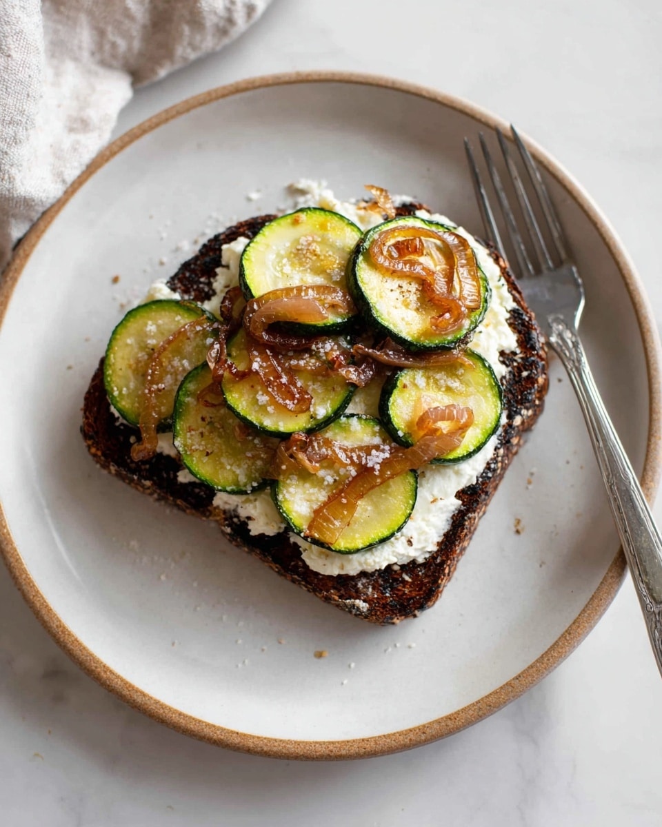 A single slice of toasted brown bread sits on a white plate with a gray rim placed on a white marbled surface. The toast is spread with a layer of soft white cheese, topped with a generous heap of browned, sautéed zucchini slices with a slightly crispy edge, and scattered caramelized onions adding a golden-brown accent. In the background, a beige cloth is casually draped, adding a warm texture contrast. Photo taken with an iphone --ar 4:5 --v 7
