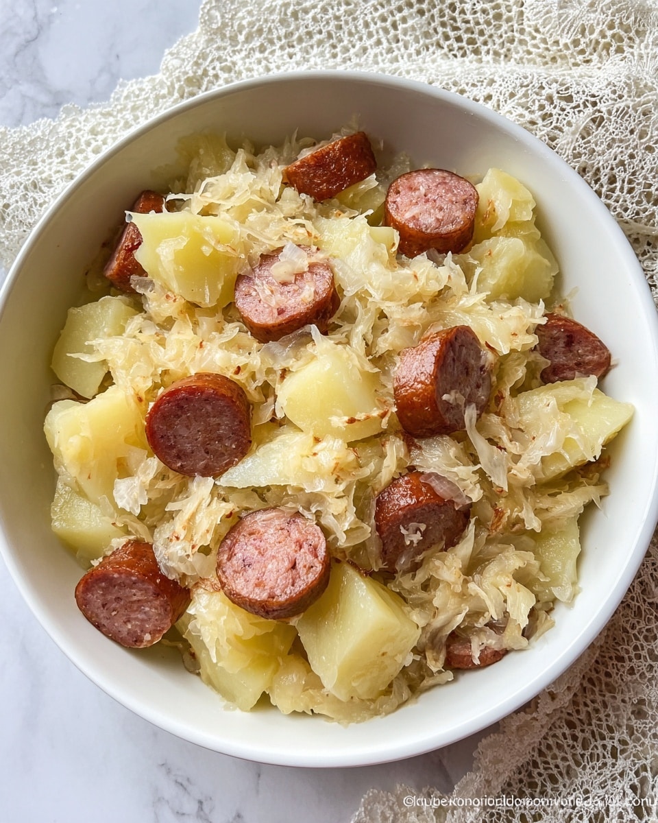 The image shows a white bowl filled with a warm dish made of three main layers. The bottom layer is made of yellow chunks of soft potatoes, some pieces broken and mixed together. On top, there are small slices of brownish-red sausage, each slice showing a smooth texture inside with tiny specks. Covering the dish is a layer of pale yellow sauerkraut, looking shredded and slightly moist, mixed evenly with the potatoes and sausage. The bowl is set on a white marbled surface with a lace cloth partially visible underneath. photo taken with an iphone --ar 4:5 --v 7