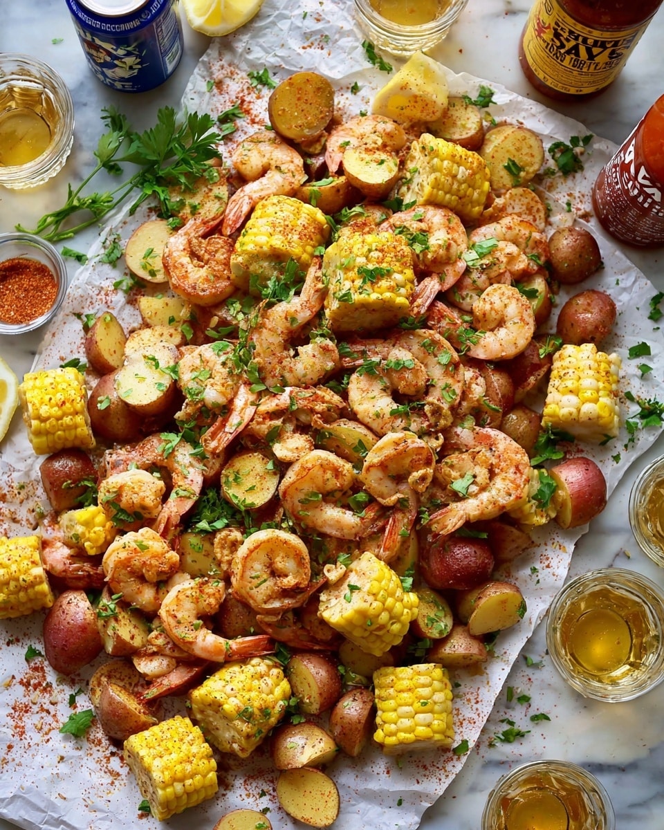 The dish is a colorful seafood boil spread over a white marbled surface lined with parchment paper. It has multiple layers including bright yellow corn on the cob cut into chunks, pink shrimp with tails on, and small red and white potatoes sliced in halves. Scattered green parsley leaves add a fresh touch across the top. The shrimp and potatoes have a light dusting of reddish seasoning. Around the main dish, there are clear glasses with golden butter, a can of beer, a bottle of hot sauce, and a shaker of Old Bay seasoning visible. The overall look is vibrant and messy, showing a mix of textures from the firm corn, tender potatoes, and juicy shrimp. Photo taken with an iphone --ar 4:5 --v 7