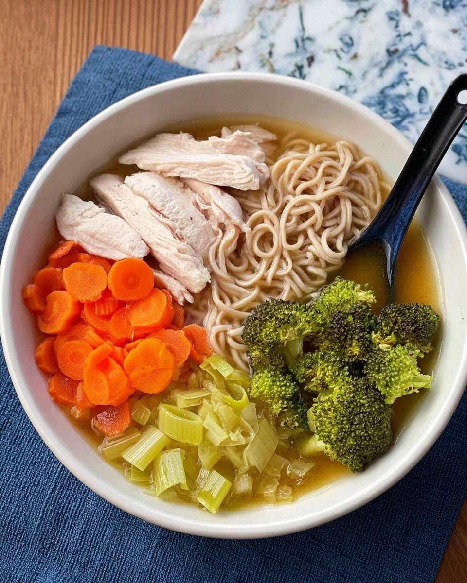A white bowl filled with broth, with five layers arranged in sections: light brown noodles on the top right, bright green broccoli florets on the bottom right, thinly sliced pale pink cooked chicken on the left, orange carrot slices in the center, and some pale yellow-green cooked leeks between the chicken and noodles. A black spoon rests on the right side inside the bowl. The bowl sits on a blue cloth on a wooden surface, with a white marbled texture visible behind. Photo taken with an iphone --ar 4:5 --v 7
