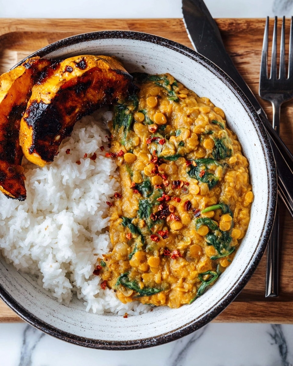 A white bowl with a dark rim holds two main layers: on the left side, there is a layer of fluffy white rice with visible individual grains, and on the right side, a thick, textured yellow-orange lentil stew mixed with wilted dark green spinach leaves and small bits of cooked onion. The stew is garnished with a light sprinkle of red chili flakes, adding specks of red color on top. The bowl sits on a white marbled surface. Photo taken with an iphone --ar 4:5 --v 7