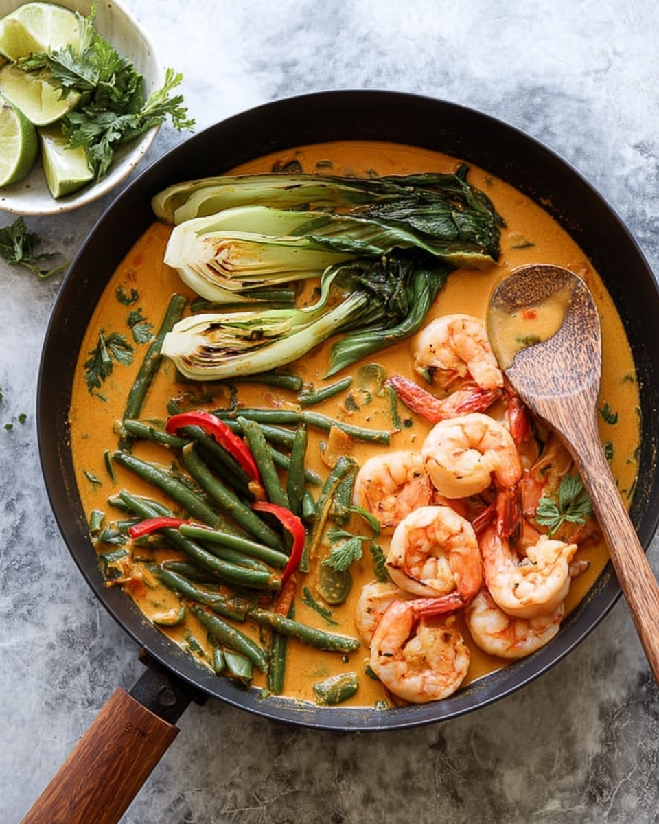 A black pan filled with a creamy orange curry sauce containing green beans and sliced red peppers, with grilled green bok choy halves placed in the upper left part of the pan. On the right side, there is a cluster of pink cooked shrimp with tails on, arranged neatly. A wooden spoon is resting inside the pan on the bottom right, partially dipped in the sauce. The pan sits on a surface with a white marbled texture, and next to it, there is a small white bowl holding lime wedges and some scattered fresh green herbs nearby. Photo taken with an iphone --ar 4:5 --v 7