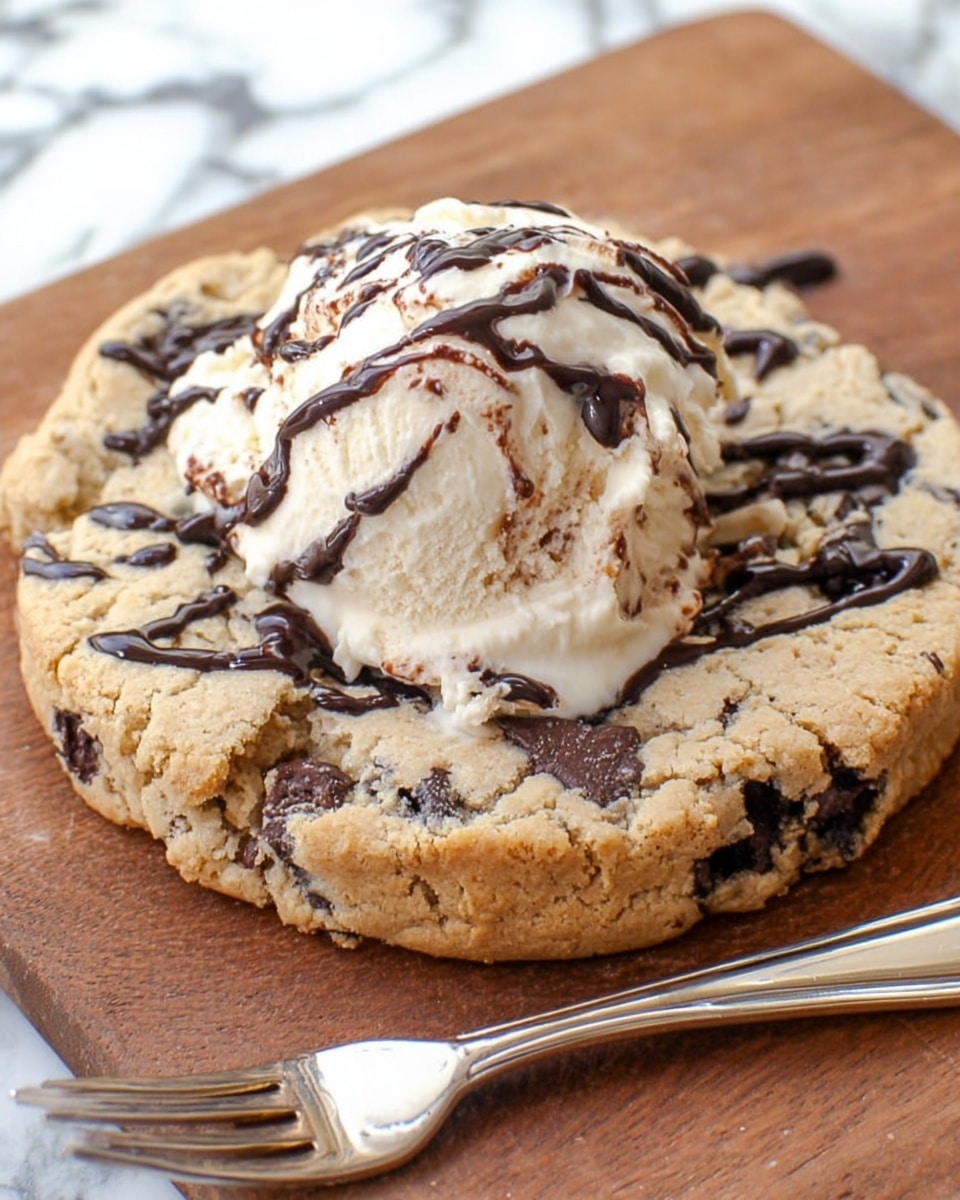 A thick round chocolate chip cookie with a golden brown color and slightly crispy edges sits on crumpled parchment paper. On top of the cookie are three scoops of creamy white vanilla ice cream, drizzled generously with dark chocolate sauce. The cookie's surface shows small chunks of chocolate embedded within, and the ice cream is starting to soften just a little from the warmth of the cookie. The whole dessert is placed on a white marbled surface. photo taken with an iphone --ar 4:5 --v 7