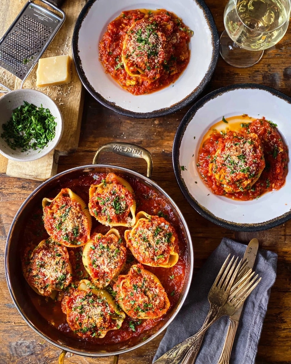 The image shows a round silver pan filled with layered lasagna, featuring two main layers of ruffled pasta sheets baked with a rich, thick red tomato sauce and melted golden cheese on top. The surface of the lasagna has a slightly browned texture with spots where the cheese has melted deeply into the sauce. Surrounding the pan are small white bowls with green chopped herbs and red pepper flakes, a piece of hard cheese on a wooden board, multiple empty clear wine glasses, and golden cutlery placed on a gray fabric napkin, all resting on a wooden table. The photo has a warm, inviting feel with natural light. photo taken with an iphone --ar 4:5 --v 7