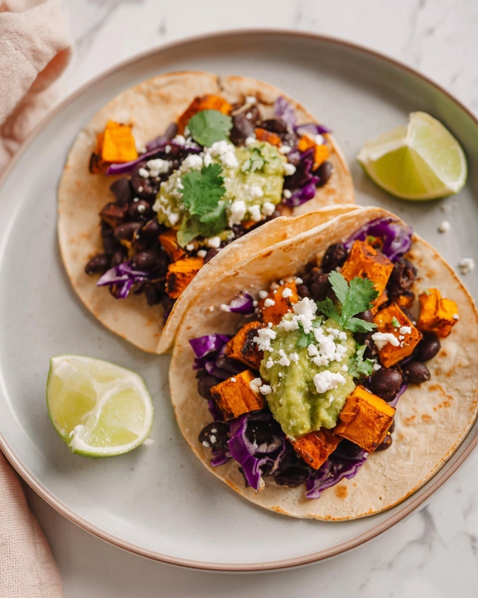 Two soft corn tortillas lay side by side on a white plate, each filled with several layers: a base of purple cabbage pieces, topped with roasted orange sweet potato cubes mixed with black beans, then a dollop of green guacamole on top with small white cheese crumbles sprinkled around and fresh cilantro leaves adding a touch of green. A lime wedge rests near the edge of the plate, and the background shows a white marbled surface crossed with soft light. photo taken with an iphone --ar 4:5 --v 7