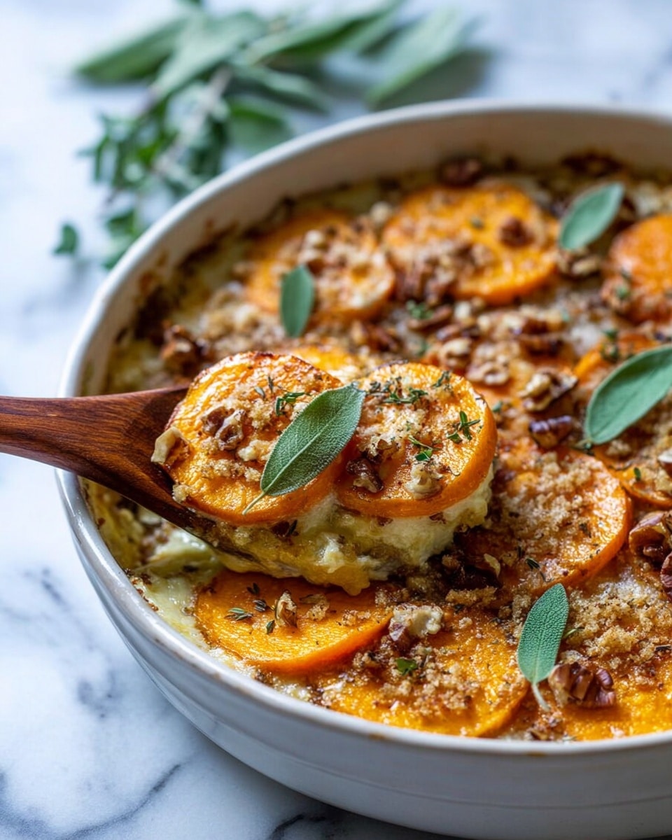 The dish is a baked layered casserole in a white bowl, featuring visible round, thin orange slices of cooked vegetables arranged neatly on top, likely sweet potatoes or squash. The top layer shows a golden-brown crumbly texture with small bits of chopped nuts and some fresh green herb leaves scattered inside and on top. A wooden spoon is lifting a portion from the bowl, revealing creamy, soft layers beneath the top orange slices, mixed with melted cheese and herbs. The background is a white marbled surface with a few green herb leaves placed near the bowl. The photo taken with an iphone --ar 4:5 --v 7
