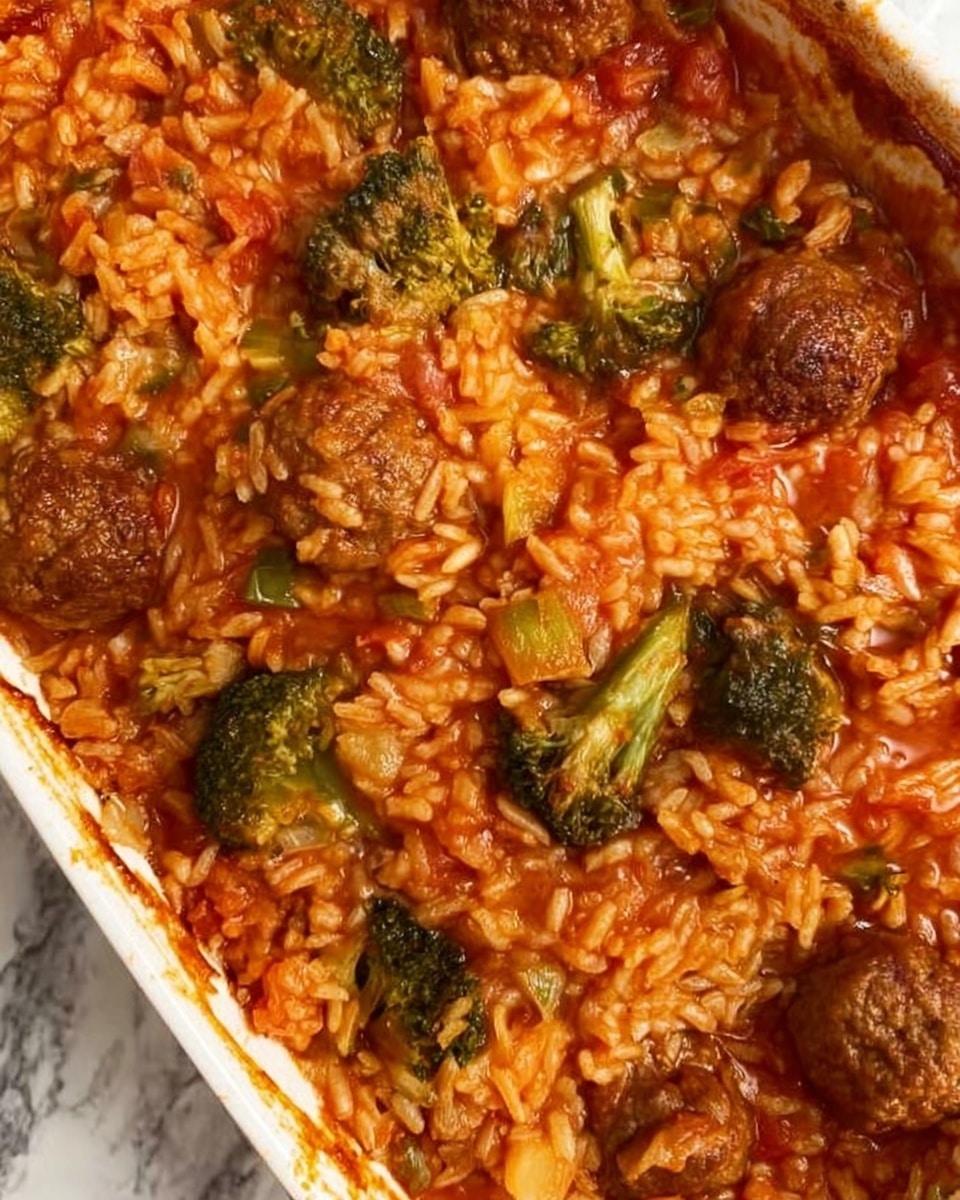 A close-up of a baking dish filled with a tomato-based rice dish mixed with small pieces of green broccoli and round brown meatballs evenly spread throughout. The rice is orange-red from the sauce and looks soft with a slightly saucy texture. The edges of the white dish show some sauce stains, adding a rustic feel. The background is a white marbled surface. photo taken with an iphone --ar 4:5 --v 7