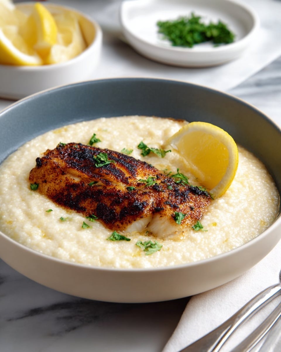 A white bowl filled with creamy, light beige grits that have a slightly grainy texture covers most of the bottom. On top of the grits, near the upper right side, there are two thick pieces of golden-brown blackened fish with a rough, crispy surface and small green herb sprinkles. A bright yellow lemon wedge sits on the lower right edge of the grits. A silver spoon is placed inside the bowl on the left side, slightly digging into the grits. The bowl rests on a white marbled table, and in the background, there are parts of other dishes blurred out, also on white plates. photo taken with an iphone --ar 4:5 --v 7