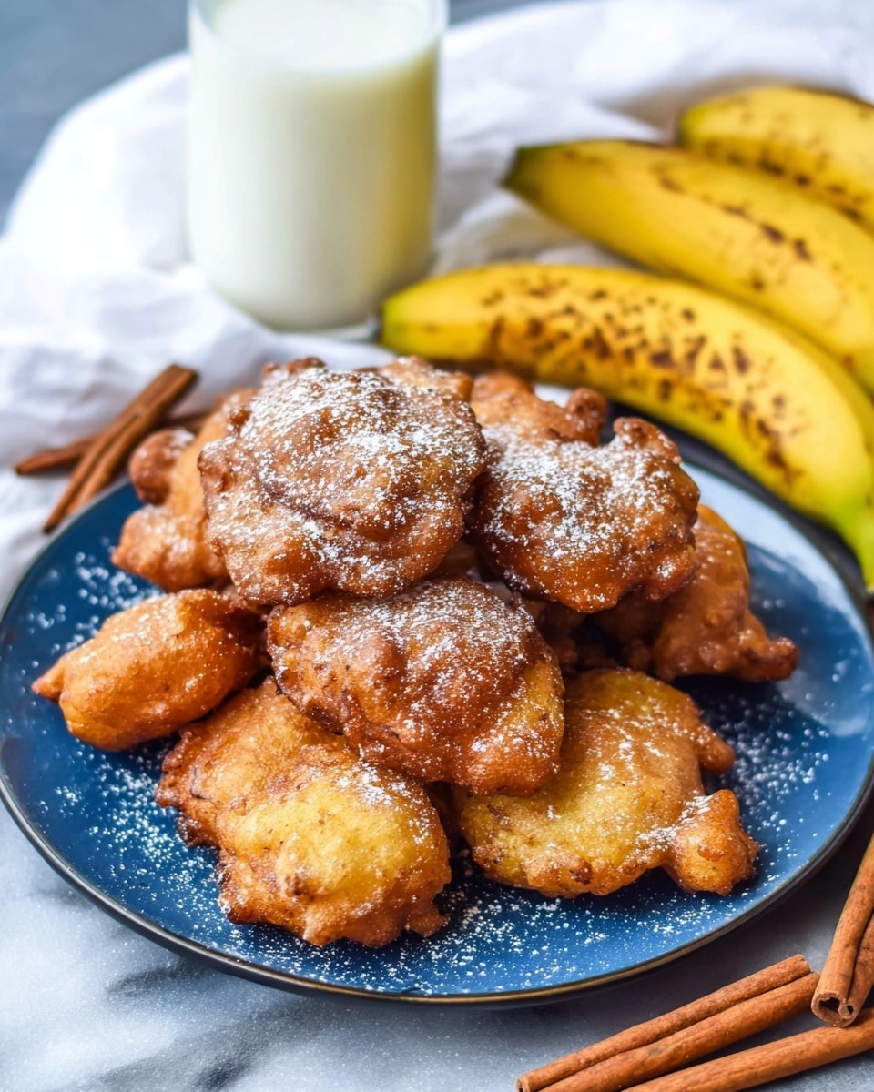 The image shows a white plate filled with many golden brown fritters that have a slightly uneven and crispy texture. On the top center, one fritter is broken open, showing a soft, light yellow inside with a fluffy texture. The fritters are lightly dusted with powdered sugar, adding a fine white layer on top. Cinnamon powder is also visible on the fritters, giving a light speckled brown effect. In the background, there is a ripe yellow banana with brown spots and three cinnamon sticks placed close together on a white marbled surface. The colors are warm and inviting, making the dish look fresh and tasty. Photo taken with an iphone --ar 4:5 --v 7