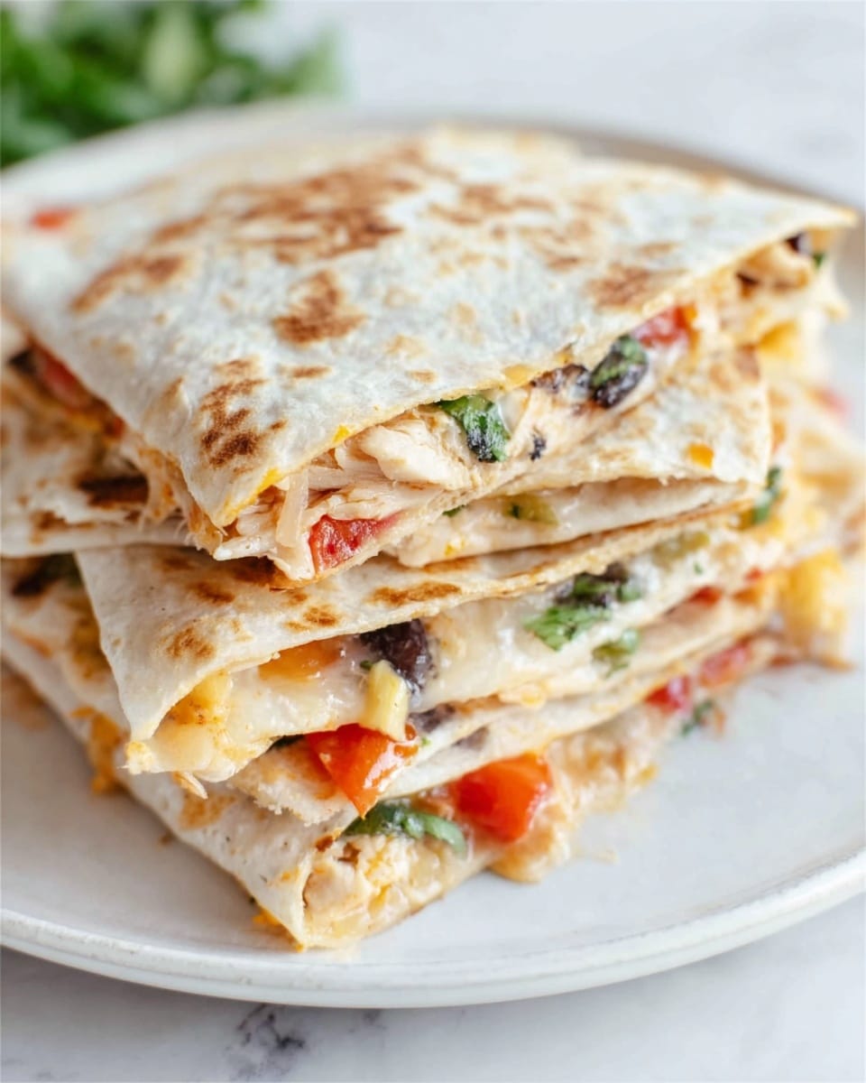 The image shows a stack of three quesadilla slices on a white plate, each layer separated by a toasted tortilla. Inside the quesadillas, there are visible layers of melted orange-yellow cheese, black beans, small white pieces of chicken, and green onion chunks adding a fresh touch. The tortillas have a light golden-brown toast with some melted cheese spilling a little outside the edges. In the background, there are two small shiny silver bowls with reddish and orange dipping sauces, slightly out of focus. The surface below is a white marbled texture. photo taken with an iphone --ar 4:5 --v 7