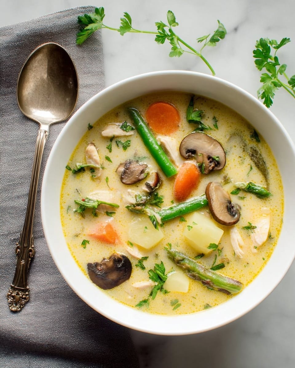 The image shows a white bowl filled with creamy soup placed on a white marbled surface. The soup has a light yellow broth with visible ingredients like sliced brown mushrooms, small green beans, orange carrot slices, white potato chunks, and shredded pieces of light pink chicken. Fresh green parsley leaves float on the surface along with small green herb sprigs. To the left of the bowl, there is a vintage-style tarnished silver spoon resting on a grey cloth napkin, with green parsley sprigs nearby. The photo has a soft natural light and a top-down view. photo taken with an iphone --ar 4:5 --v 7