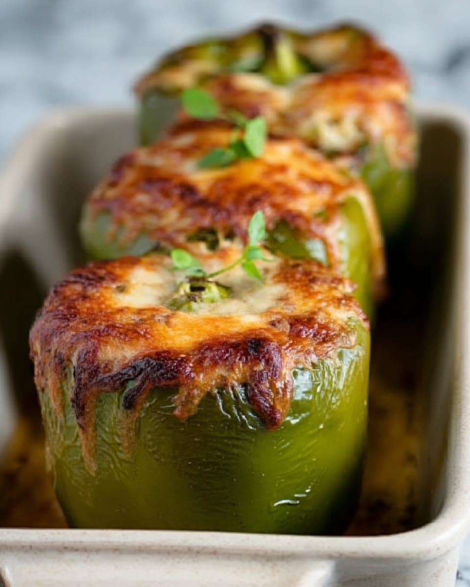 The image shows a white baking dish with two stuffed peppers covered in melted, browned cheese on top. The cheese has a bubbly, golden color with some darker browned spots, indicating it was baked. The peppers are green and sit in a reddish sauce that has spread around them, with some parts cooked darker and slightly burnt on the edges of the dish. The dish is placed on a black cooling rack over a white marbled surface. photo taken with an iphone --ar 4:5 --v 7