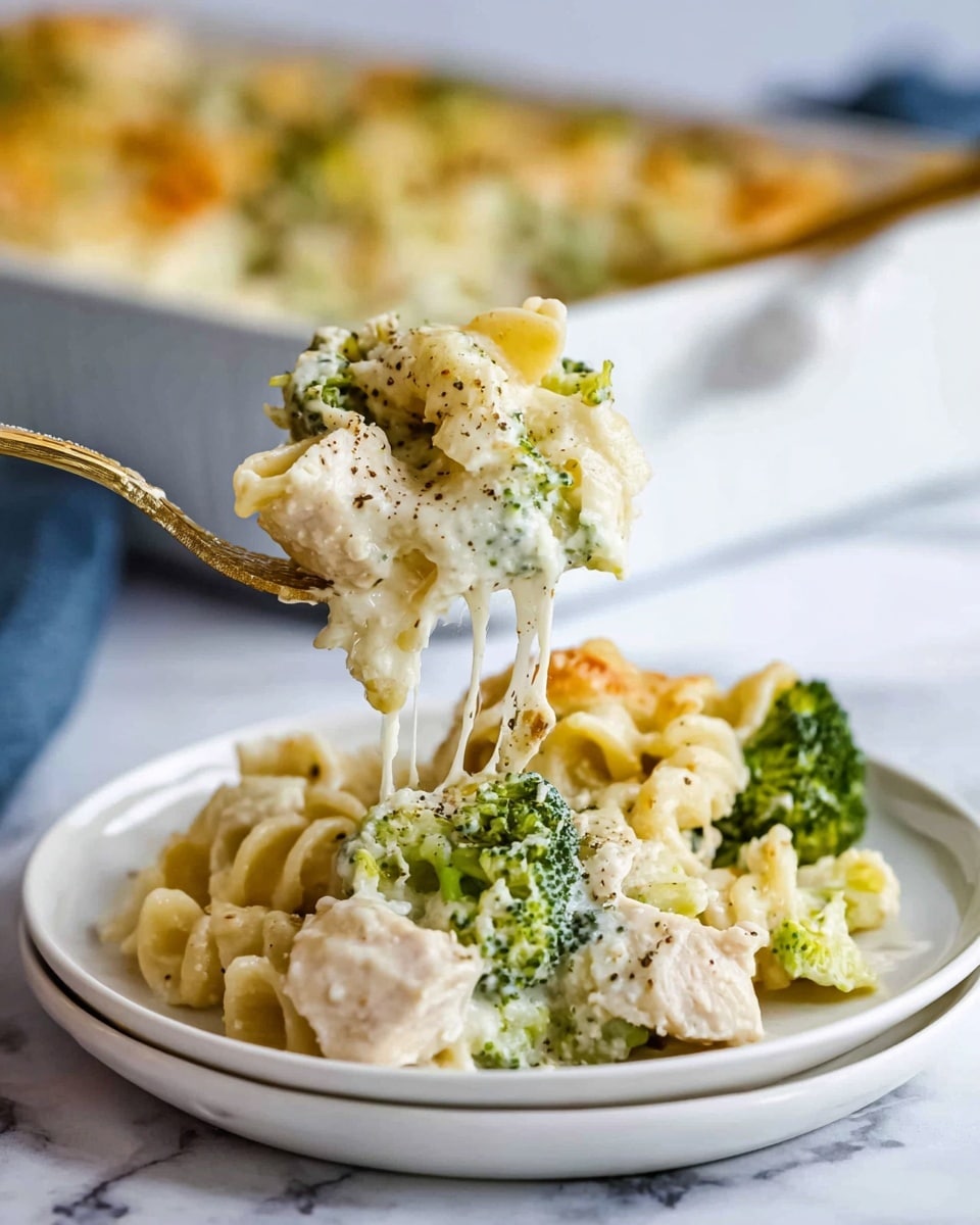 A close-up view of a white casserole dish filled with a baked pasta and broccoli casserole. The top layer is golden-browned melted cheese with melted spots showing a creamy texture beneath. Small green broccoli florets peek through the cheese on the surface. There are small green parsley leaves sprinkled unevenly on the top. A silver spoon is scooping some of the casserole from the side, showing layers of pale-colored pasta and broccoli mixed in creamy cheese sauce inside. The dish is placed on a white marbled surface with some green herbs visible in the background. Photo taken with an iphone --ar 4:5 --v 7