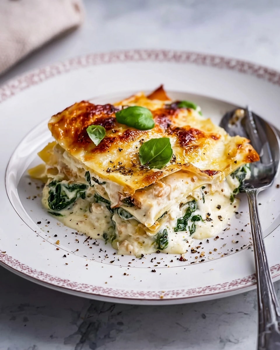The image shows a white baking dish filled with a lasagna that has four visible layers. The top layer is golden brown, bubbly melted cheese with some darker brown spots and a few green basil leaves scattered on top. Underneath is a thick white sauce layer dotted with fresh spinach leaves adding green color. Below, there is a creamy chicken and cheese mixture layer with a soft, smooth texture, and at the bottom, a slightly browned sauce-covered pasta layer is visible. A golden spatula is lifting one piece, showing the layers clearly and the melted cheese stretching slightly. The dish is placed on a white marbled surface. Photo taken with an iphone --ar 4:5 --v 7
