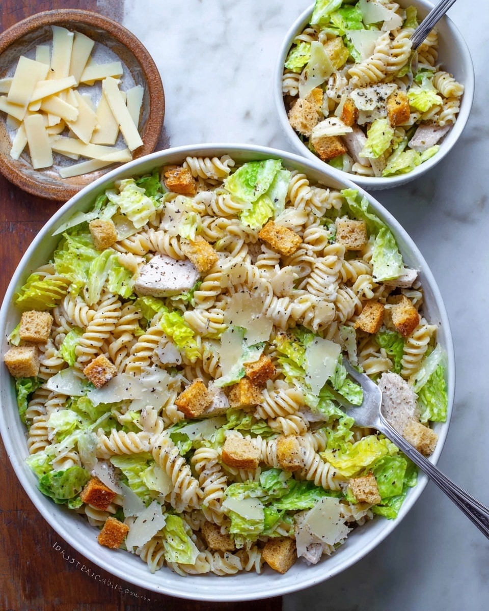 A large white bowl filled with a pasta salad that has three main layers: a base of light-colored spiral rotini pasta, scattered pieces of light green romaine lettuce throughout, and topped with golden brown crunchy croutons, small chunks of white cooked meat, thin shavings of pale yellow cheese, and a light creamy dressing with black pepper sprinkled on top. Next to it, a smaller white bowl contains a serving of the same pasta salad with a fork placed inside, and a small white bowl nearby holds thin slices of cheese. All items are set on a white marbled surface. Photo taken with an iphone --ar 4:5 --v 7