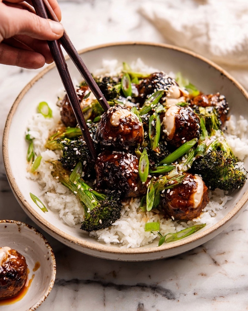 A white bowl filled with a base layer of fluffy white rice topped with a second layer of dark, glazed meatballs covered in a shiny sauce and sprinkled with white sesame seeds. Charred green broccoli florets and long green scallion strips are mixed with the meatballs, adding texture and color contrast. A pair of dark chopsticks rests on the edge of the bowl, with a small dollop of light-colored sauce on some meatballs. The background is a white marbled surface with a small white bowl on the side holding a single meatball drizzled with sauce, and a woman's hand holding chopsticks over the bowl. Photo taken with an iphone --ar 4:5 --v 7