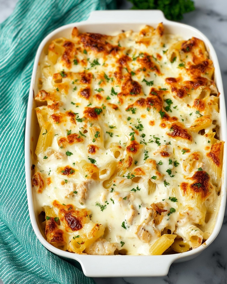 This image shows a white baking dish filled with baked pasta covered in melted cheese. The pasta underneath is yellow and tube-shaped, mostly hidden but visible in some spots. On top, there is a thick layer of creamy white cheese that is golden brown in places from baking. A woman's hand is lifting a serving of the pasta with cheese stretching from the dish, showing the gooey texture. Small green herbs are sprinkled over the top of the cheese for color contrast. The dish is placed on a white marbled surface. photo taken with an iphone --ar 4:5 --v 7