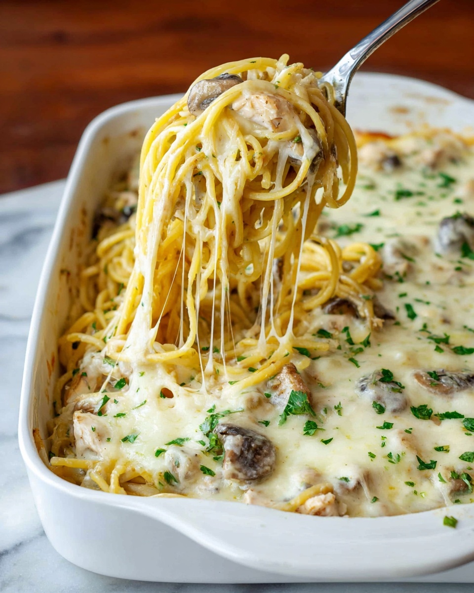 A white rectangular baking dish filled with two layers of pasta and creamy white sauce, topped with melted cheese that is lightly browned on the edges and sprinkled with small green parsley bits all over. The pasta beneath the cheese can be seen slightly curling up around the edges of the dish. The dish is placed on a dark brown wooden surface. photo taken with an iphone --ar 4:5 --v 7