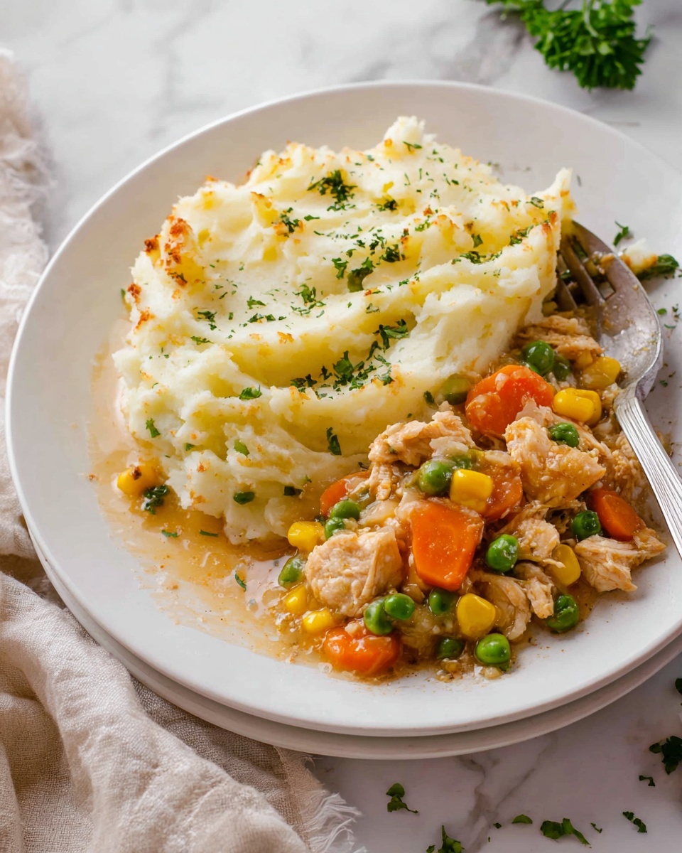 This image shows a white oval dish filled with creamy mashed potatoes that have a smooth and fluffy texture with slight peaks and golden brown edges from baking. The mashed potatoes are topped with small green sprigs of fresh herbs, scattered evenly across the surface. The dish is placed on a white marbled surface with a beige cloth partly visible in front. In the background, there are glass containers with salt and oil and a small bunch of green herbs slightly out of focus. photo taken with an iphone --ar 4:5 --v 7