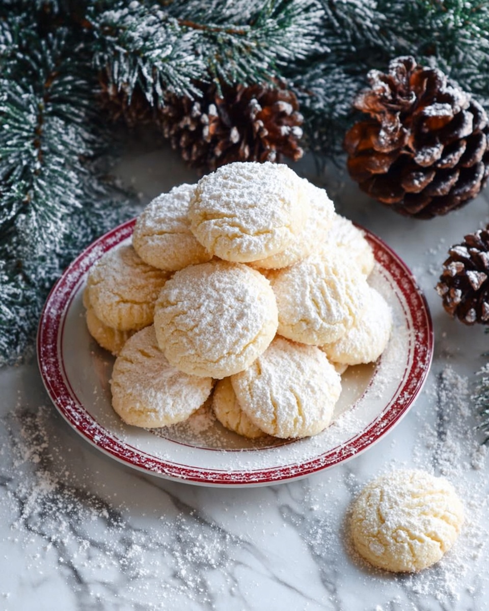 A white round plate with a thin red edge is stacked with about ten light-yellow round cookies dusted with white powdered sugar, each cookie showing soft ridges on top. The plate sits on a white marbled surface lightly dusted with powdered sugar, surrounded by brown pine cones and a branch of dark green pine needles, some with snow-like powder on them. One cookie lies separately to the right outside the plate. photo taken with an iphone --ar 4:5 --v 7