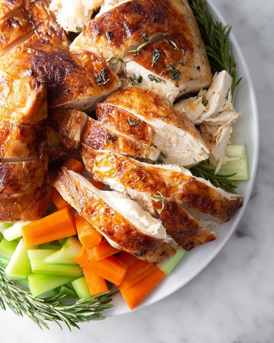 A white plate on a white marbled surface holds a roasted chicken that is sliced into thick pieces showing golden-brown crispy skin with some herbs on top. On the side, there are bright orange carrot chunks and green celery sticks underneath and around the chicken. Some white shredded chicken meat is visible near the vegetables. The arrangement is neat and colorful with the roasted chicken taking the main space and vegetables placed as a border, with a small sprig of fresh rosemary near the bottom left. Photo taken with an iphone --ar 4:5 --v 7