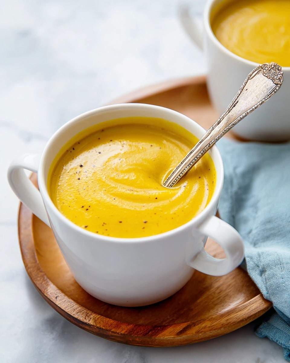 A close-up view of a white cup filled with smooth, thick bright yellow soup with small black specks on the surface. The soup has a soft creamy texture and swirls slightly in the center. A silver spoon with an intricate handle is inside the soup on the left side, leaning against the cup's edge. The white cup has two small handles and sits on a white marbled surface with a light blue cloth nearby. Another similar cup is partly visible on the lower right corner on the same white marbled surface. Photo taken with an iphone --ar 4:5 --v 7