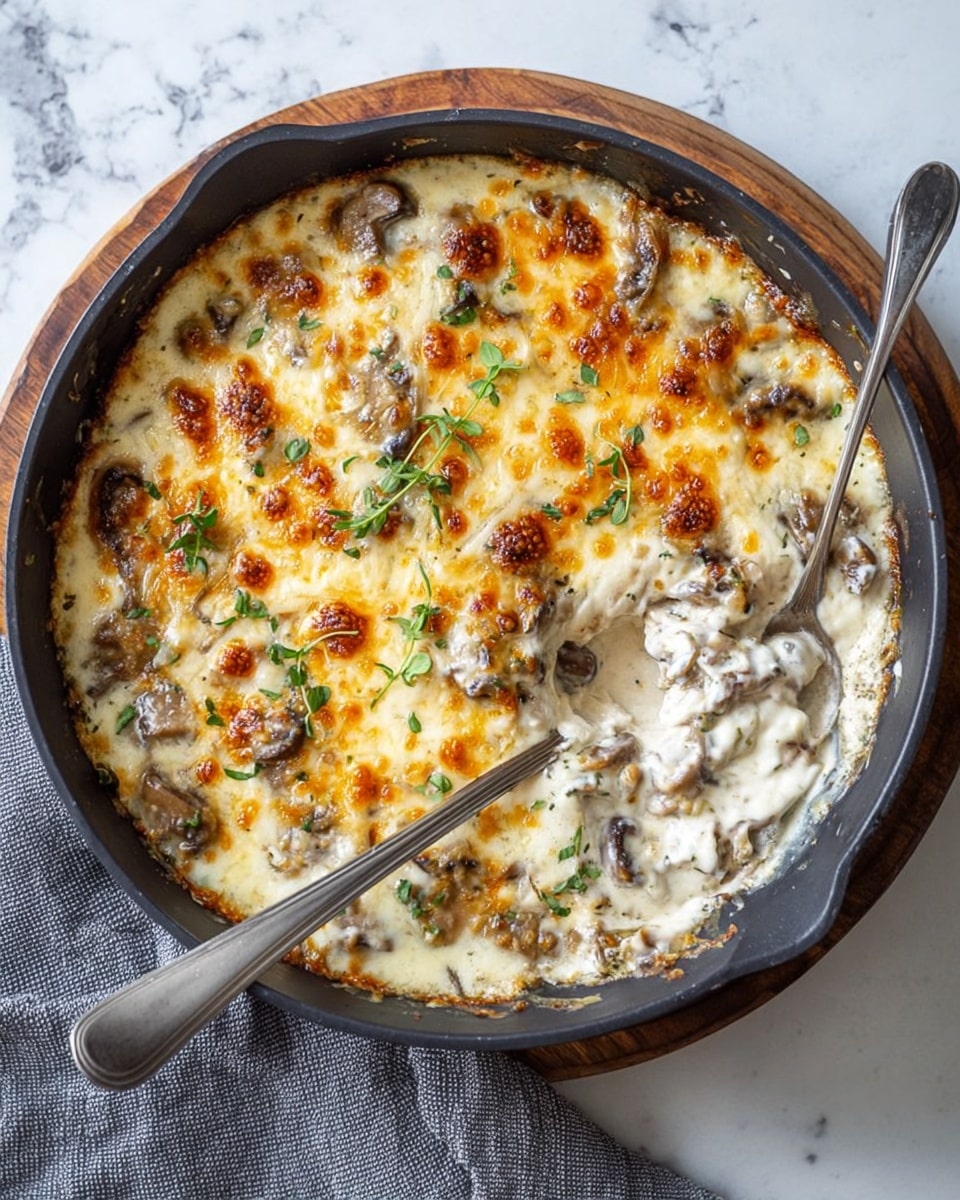 A cast iron pan filled with a creamy mushroom and cheese dip that has a golden-brown melted cheese layer on top, speckled with fresh green herb leaves scattered all over. The dip looks thick and bubbly under the cheese, with visible small chunks of mushrooms beneath. A silver spoon is partially dipped into the dish, resting in the pan. The pan sits on a small wooden board placed on a white marbled surface. In the background, there are a light beige cloth and slices of crusty bread with a soft inside placed beside a larger piece of bread. Photo taken with an iphone --ar 4:5 --v 7