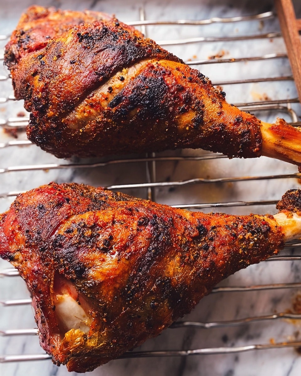 The image shows two large roasted turkey legs placed on a metal grilling rack. Each turkey leg has a crispy, browned skin with visible seasoning and charred spots, showing a mix of dark brown, reddish, and golden colors. The texture appears crunchy and well-cooked with some meat showing near the bone ends. The grilling rack sits over a white marbled surface, and only part of a person's woman's hand holding a skewer is visible on the right side of the image. The overall setting gives a rustic barbecue feeling. photo taken with an iphone --ar 4:5 --v 7