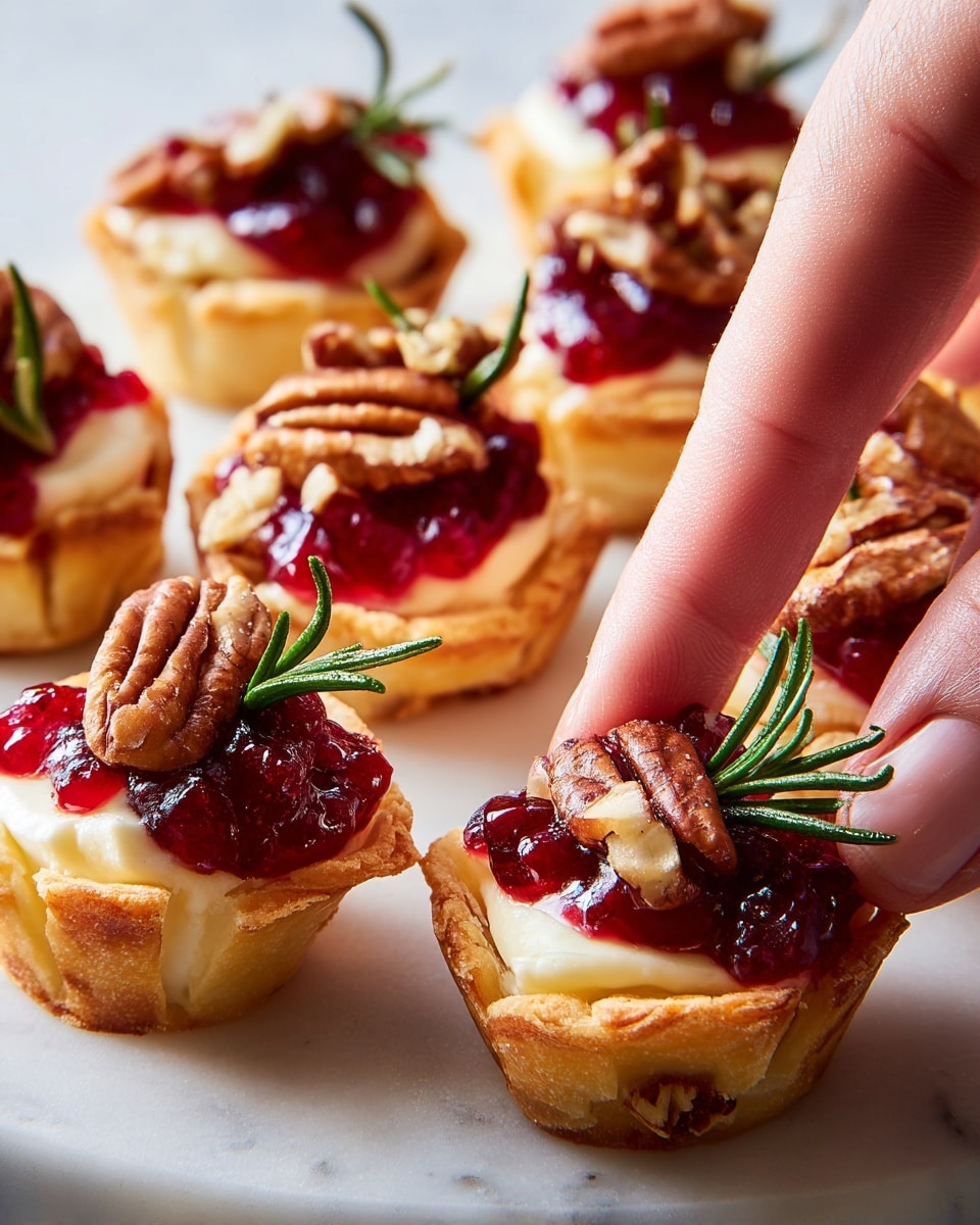 Small golden pastry cups are filled with a layer of smooth white cheese, topped with bright red cranberry sauce that has a shiny, thick texture. Each cup is garnished with small crunchy brown pecan pieces and a fresh green rosemary sprig, giving a mix of colors and textures. A woman's hand is gently picking up one of the cups. The whole scene is on a white marbled surface. photo taken with an iphone --ar 4:5 --v 7