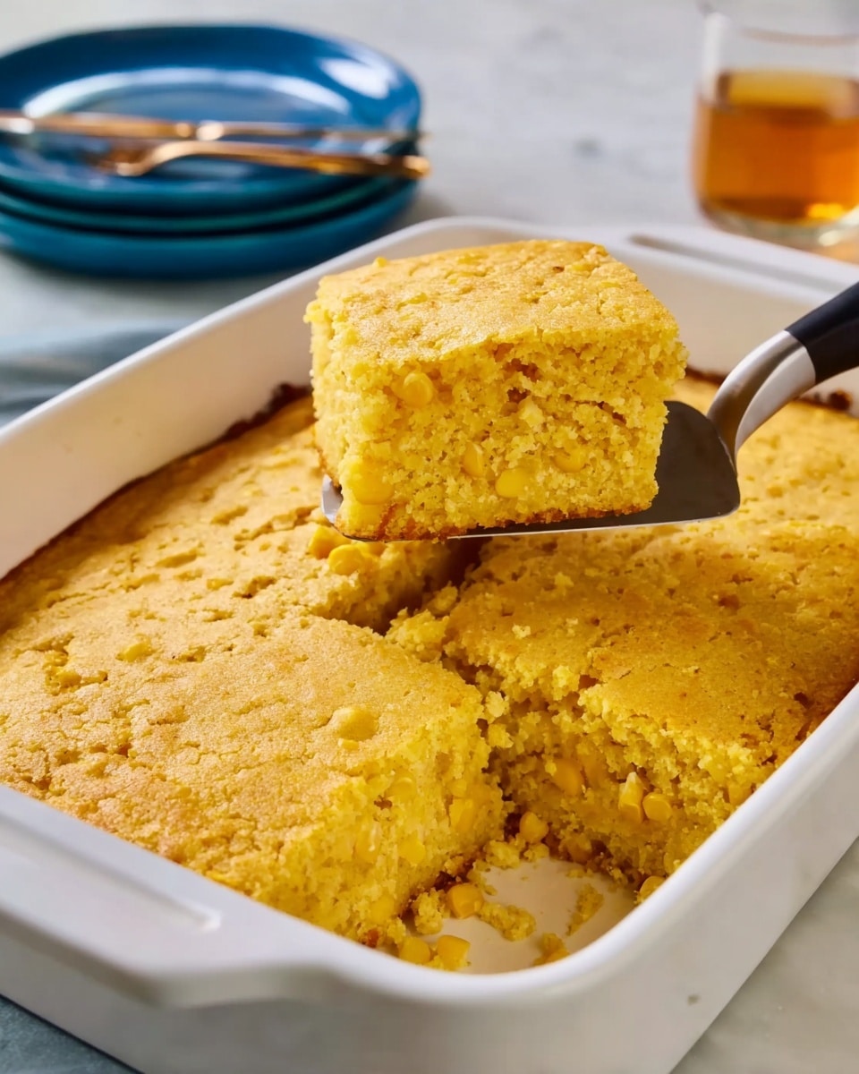 The image shows a white rectangular baking dish filled with a golden-yellow cornbread that has a slightly rough texture with visible corn kernels throughout. A spatula is lifting a square piece of the cornbread from the dish, showing its thick, dense, and moist interior. In the background, there are two stacked blue plates and a glass with a light amber drink, all set on a white marbled surface. The overall scene is bright and inviting, highlighting the warm, soft cornbread in contrast to the clean, smooth white dish and countertop. photo taken with an iphone --ar 4:5 --v 7
