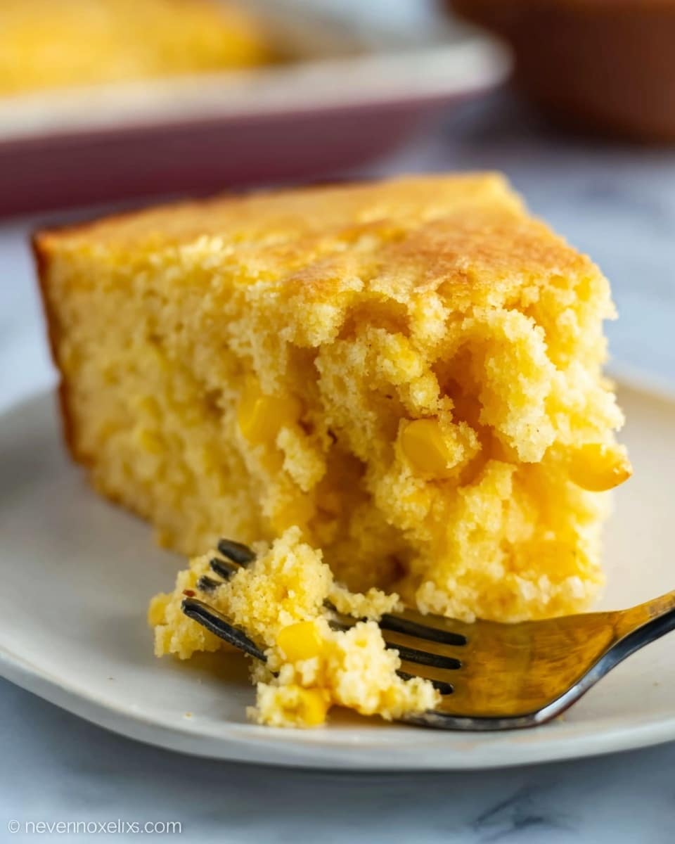 A close-up image of a thick slice of yellow cornbread with a crumbly texture, placed on a white plate. The cornbread appears soft and moist inside with a golden crust on top and edges. Bright yellow corn kernels are visible inside the cornbread, adding texture. At the bottom right corner, a silver fork with a woman's hand holding it gently is placed, with some crumbs on the fork tines. The background shows a white marbled surface with a blurred baking tray in the distance. Photo taken with an iphone --ar 4:5 --v 7