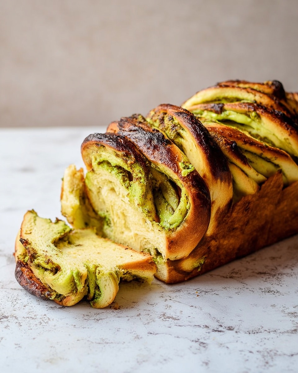 A loaf of twisted bread with multiple thick layers showing a swirl of green filling inside and on the crust. The bread has a golden brown outer crust with dark browned spots and soft yellowish dough inside. The green filling is spread unevenly, creating a textured look with some parts bursting out between the folds. One end is partly pulled apart, showing the layers and filling more clearly. The bread sits on a white marbled surface with a neutral, softly blurred background. photo taken with an iphone --ar 4:5 --v 7