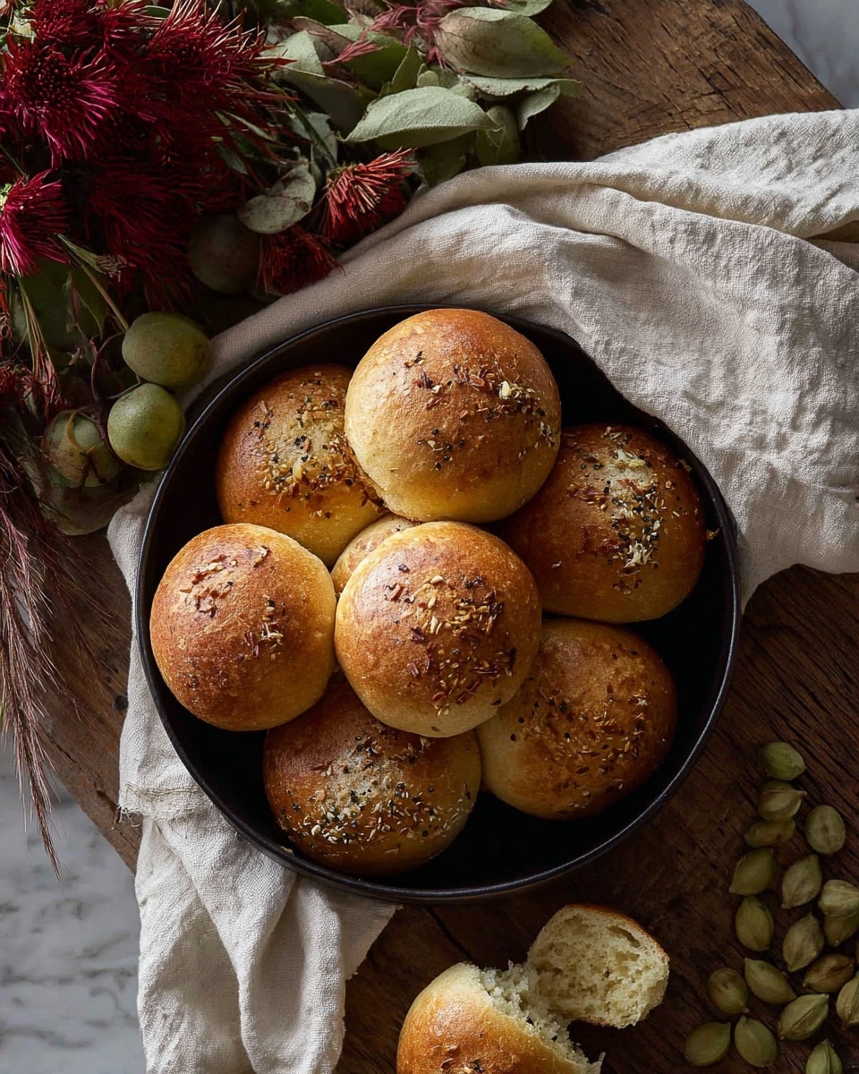 A black bowl filled with nine golden brown round bread rolls, each roll having a textured top with visible bits of seasoning or garlic. The bowl rests on a white cloth draped over a wooden surface, with part of a bread roll torn and placed nearby. Around the bowl, there are green seed pods and a dark red and green floral arrangement visible. The scene is set on a white marbled texture background. photo taken with an iphone --ar 4:5 --v 7