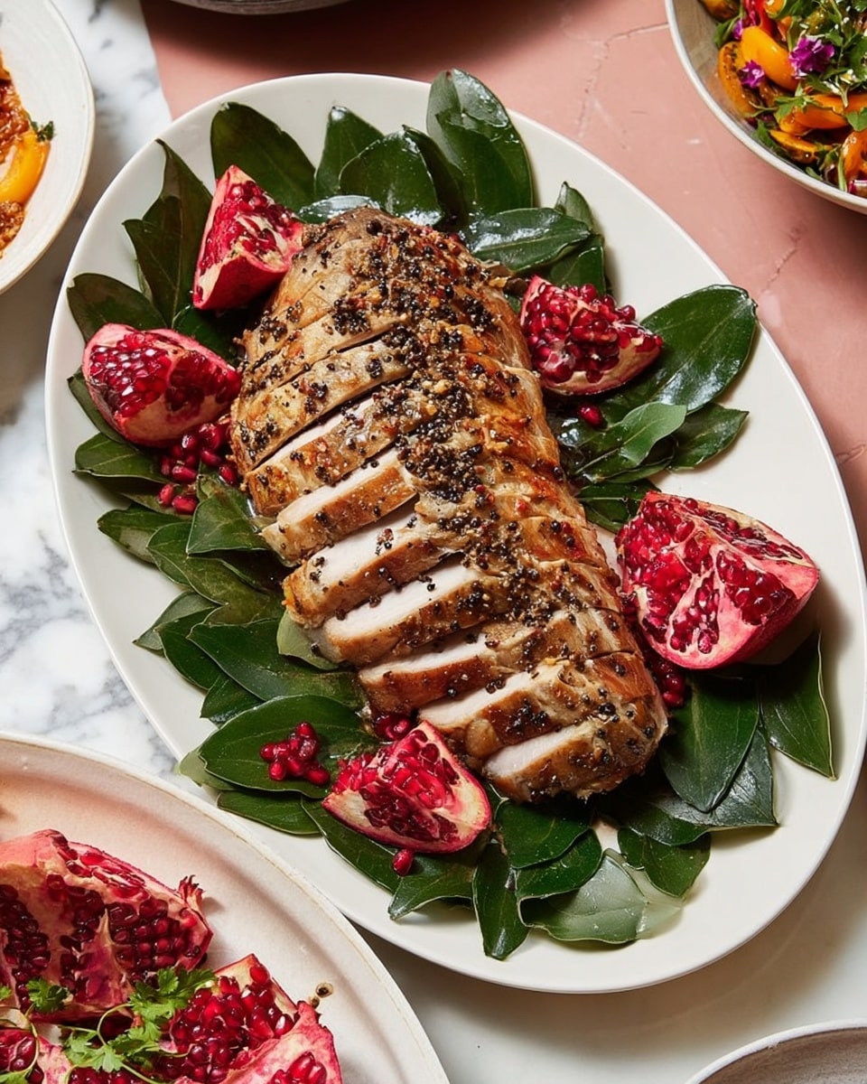 A sliced roasted meat is placed in the center of a white oval plate, arranged in a neat row with a golden-brown crust and specks of black pepper on top. Around the meat are several halved pomegranates showing bright red seeds inside with their white pith. Dark green glossy leaves are spread underneath and around the meat and pomegranates, creating a natural frame. The plate sits on a white marbled surface with a pale pink tabletop partially visible, along with a glimpse of a white bowl filled with colorful salad and other dishes. Photo taken with an iphone --ar 4:5 --v 7