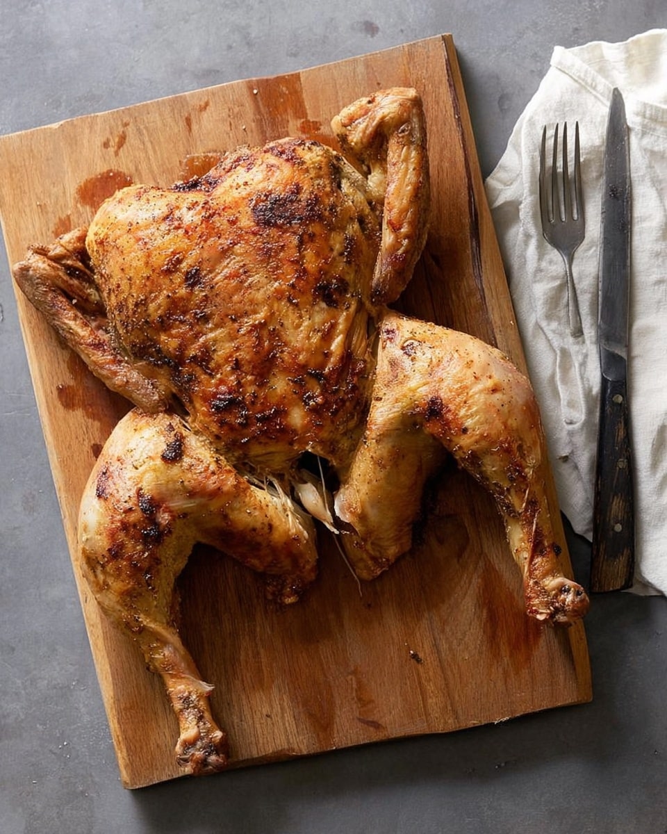 The image shows a whole roasted chicken split open and laid flat on a wooden cutting board. The chicken skin is golden brown with a crispy texture, showing some dark and light spots from roasting. The bird is spread out with two large legs stretched out to the sides, a central body portion, and two wings visible at the top. The wooden cutting board is rectangular with visible wood grain and some darker marks. To the right of the chicken, there is a sharp knife and a black-handled fork resting on a white cloth. The background surface beneath the cutting board is a smooth gray. Photo taken with an iphone --ar 4:5 --v 7