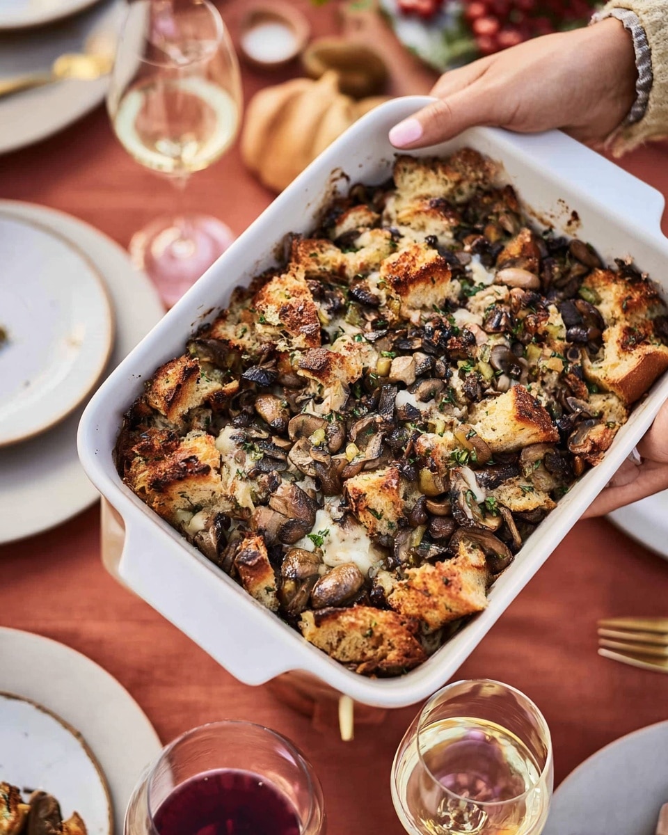 A white rectangular baking dish filled with a layered casserole that has a top layer of golden brown toasted bread chunks mixed with dark roasted mushrooms and green herbs, showing a rough, crispy texture. A woman's hand is holding the dish from the side over a table with a rust-colored tablecloth. Surrounding the dish are white plates, wine glasses with red and white wine, and a white marbled textured surface is visible under the plates, all set in a warm, casual dining scene. Photo taken with an iphone --ar 4:5 --v 7