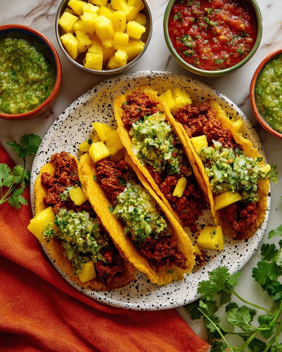 The image shows four tacos arranged on a white plate with black splatter patterns, placed on a white marbled surface. Each taco has three layers: a crispy yellow corn shell holding a bottom layer of seasoned red-brown meat, a middle layer of bright yellow pineapple chunks, and a top layer of green salsa with visible bits of herbs. Small green cilantro leaves are scattered around the plate and on the tacos. Around the plate, there are three small white bowls with green salsa, pineapple chunks, and red salsa made from chopped tomatoes and onions. The scene includes a red cloth adding a warm contrast. Photo taken with an iphone --ar 4:5 --v 7
