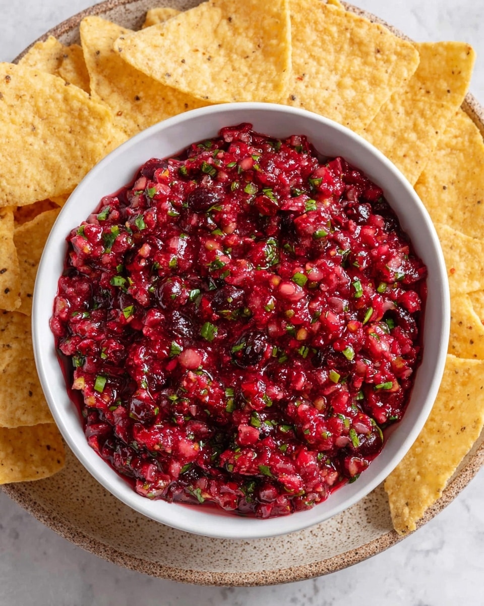 A white bowl filled with a bright red, chunky salsa made of finely chopped cranberries and green herbs mixed throughout, giving it a fresh and textured look. Surrounding the bowl are light yellow tortilla chips with a slightly rough texture, arranged on a white marbled surface for contrast. The salsa’s shiny, moist texture contrasts with the dry, crisp chips around it, creating a colorful and vibrant snack presentation. Photo taken with an iphone --ar 4:5 --v 7