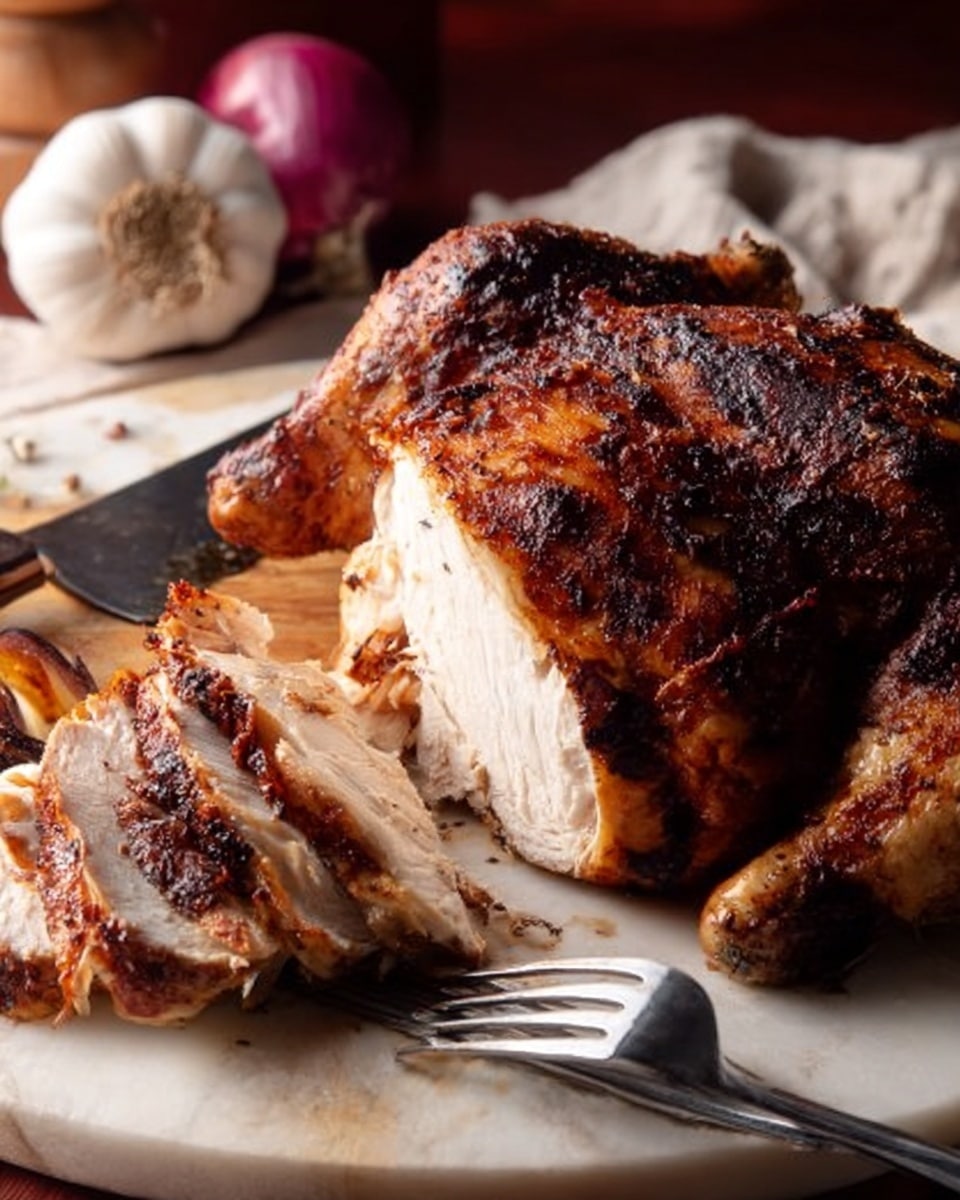 A whole roasted chicken with a dark golden brown, crispy skin rests on a wooden board over a white marbled surface. The chicken is partially sliced to show the juicy, tender, light beige meat inside with a smooth texture. Two shiny metal forks hold one of the slices, and the front part of the chicken, including a wing and thigh, shows deep browned seasoning. In the background, there are a garlic bulb and a red onion, slightly out of focus. The scene is warm and inviting with soft lighting. Photo taken with an iphone --ar 4:5 --v 7