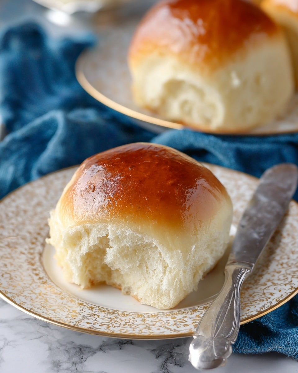 Two soft, golden brown dinner rolls sit on a white plate with a delicate gold pattern. The rolls have a shiny, smooth top crust and a fluffy, light interior visible from one roll that has a bite taken out of it. The plate is placed on a blue cloth, and nearby is a silver butter spreader with a smooth, rounded handle. The background features a white marbled texture. photo taken with an iphone --ar 4:5 --v 7