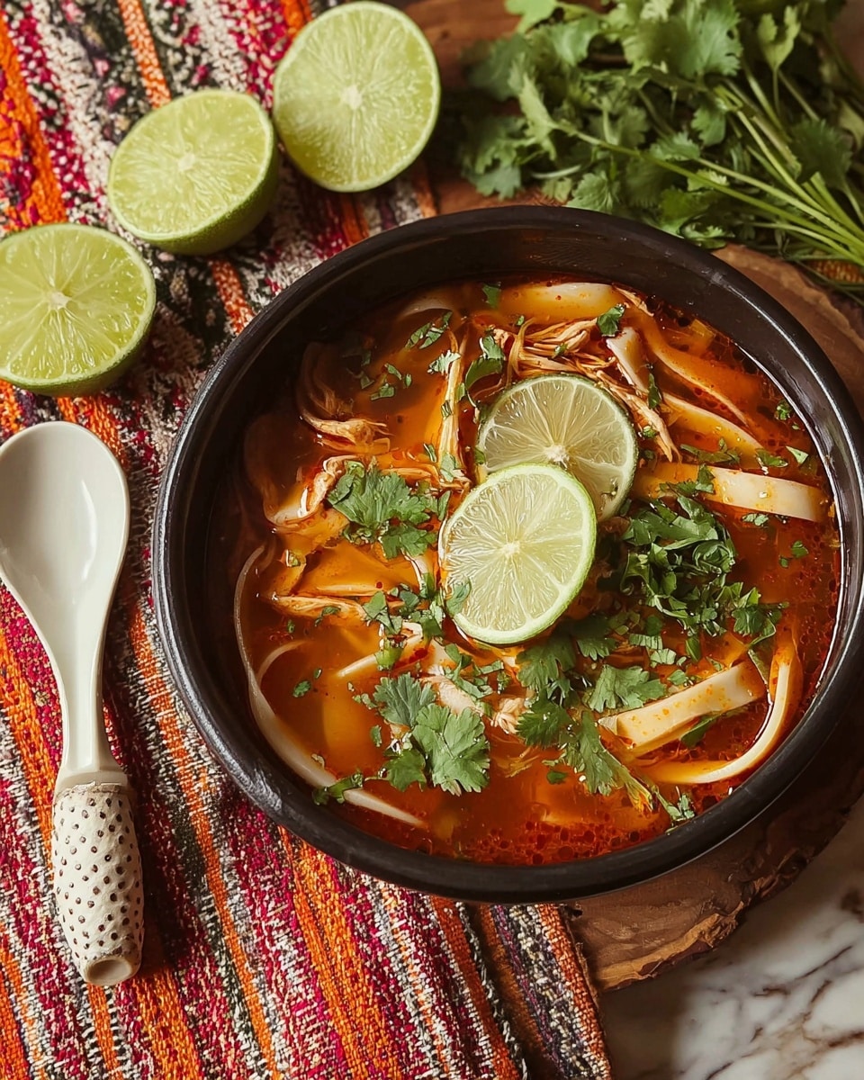 A black bowl filled with orange-red soup contains three main visible layers: the top layer has two thin lime slices and fresh green cilantro leaves floating gently, the middle layer shows thick white and light brown noodle strips submerged, and the bottom layer is deep orange broth with some green herbs mixed in. A silver spoon with a textured handle is placed inside the bowl, angled towards the right. The bowl sits on a colorful patterned cloth with green cilantro sprigs and a lime partially sliced on a white marbled surface. photo taken with an iphone --ar 4:5 --v 7