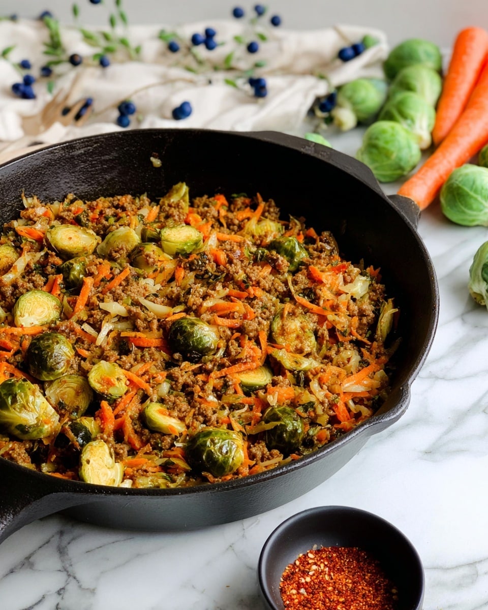 A black cast iron pan filled with a cooked mixture showing three main layers: a base layer of small orange shredded carrot pieces spread throughout, a middle layer of browned ground meat with a crumbly texture, and a top layer of chopped green Brussels sprouts, some halved showing a light yellow inside, scattered evenly on the surface. The pan rests on a white marbled texture with a blurry background that includes whole fresh Brussels sprouts, a whole carrot, a glass bottle with light oil, and a small black dish of red powdered spice on the surface. photo taken with an iphone --ar 4:5 --v 7