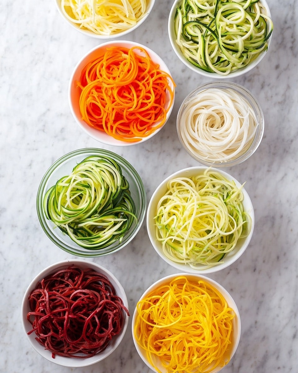 A white bowl filled with spiralized zucchini noodles. The noodles are light green with dark green edges, loosely piled in layers inside the bowl, showing their long, curly shape with a smooth and fresh texture. The bowl sits on a white marbled surface. photo taken with an iphone --ar 4:5 --v 7